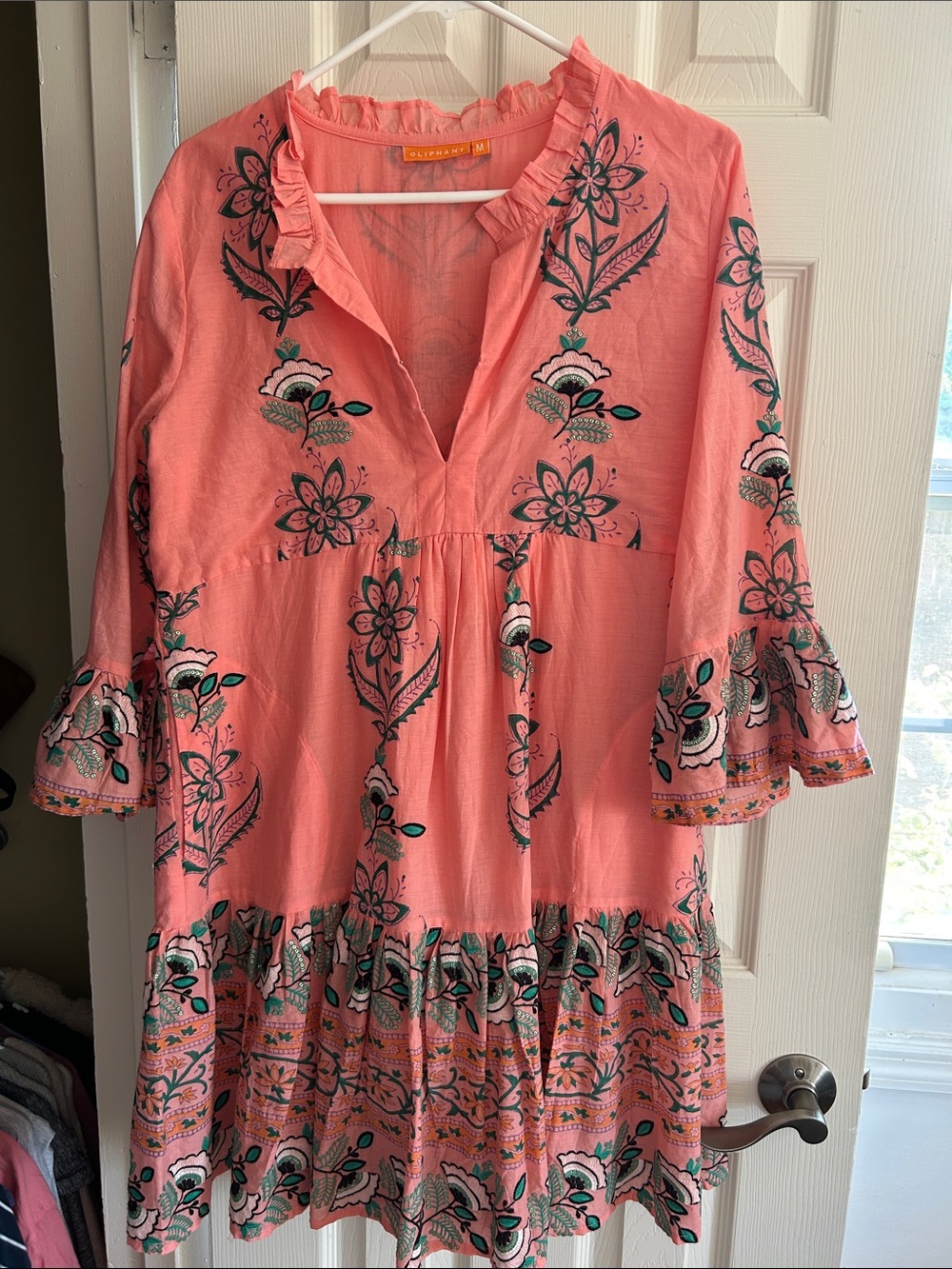 Oliphant Coral Pink Floral Tiered Mini Dress